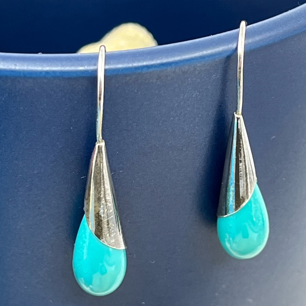 Vintage 925 Sterling Silver and Turquoise Teardrop Earrings - Picture 7 of 12
